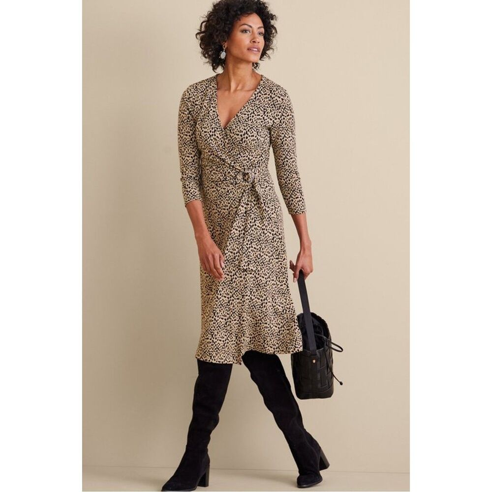 Soft Surroundings Damaria Faux Wrap Dress Rib Knit Leopard Midi 3/4 Sleeve 2XL